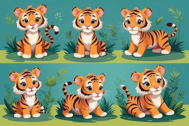 set of cute tiger kids playing tiger