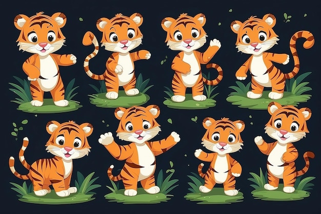 Photo set of cute tiger kids playing tiger