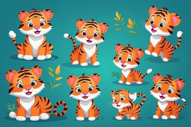 set of cute tiger kids playing tiger