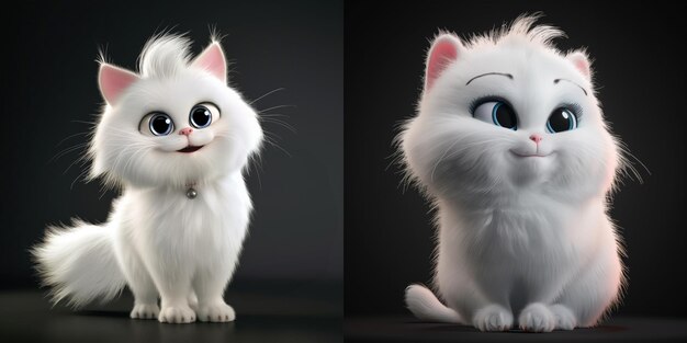 Photo set of cute white persian cat 3d cartoon animation style