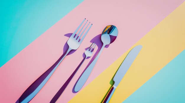 Photo a set of cutlery is stylishly arranged on a pastelcolored background creating a fresh and modern vibe