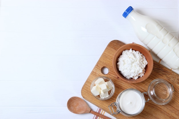 Set of dairy products on the table top view