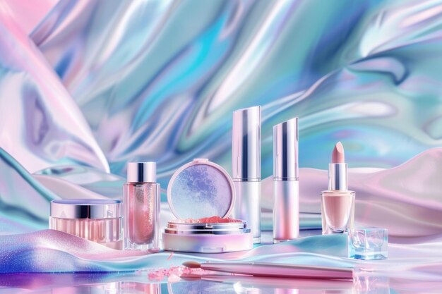 Set of decorative cosmetics on light colorful background