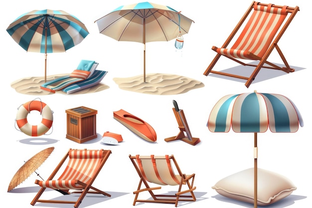 Photo set of decorative elements in 3d realistic style beach chair sand sea vector illustration