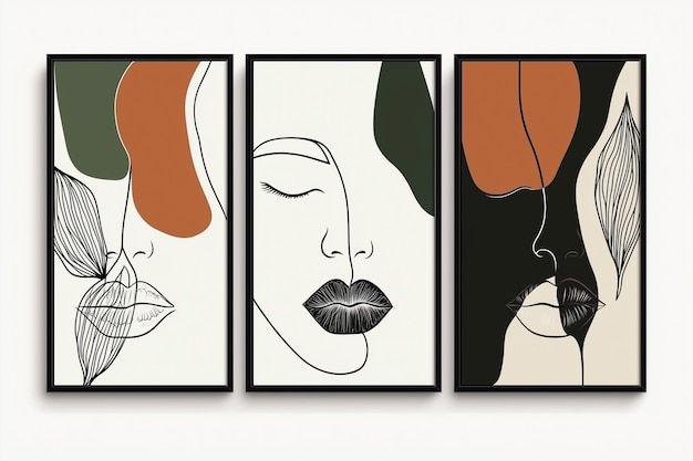 Set of decorative posters with abstract boho woman portrait minimalist female simple modern art