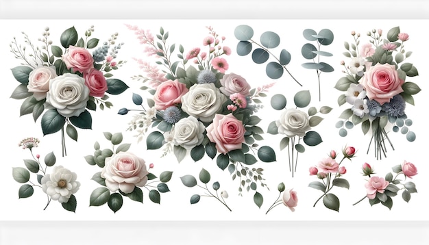 A set of delicate floral vector designs with pink and white roses perfect for elegant themes