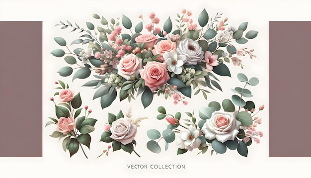 A set of delicate floral vector designs with pink and white roses perfect for elegant themes