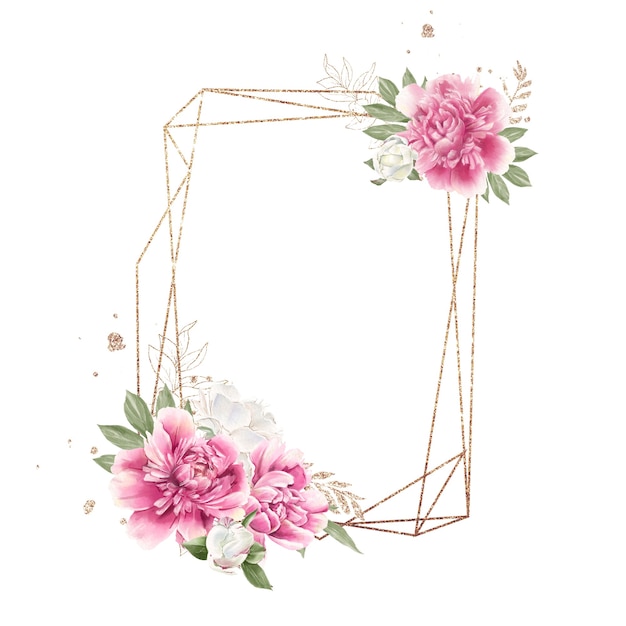 Set of delicate red and white peonies and gold frames Watercolor illustration