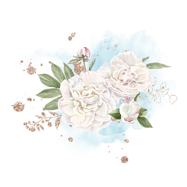 Set of delicate red and white peonies Watercolor illustration