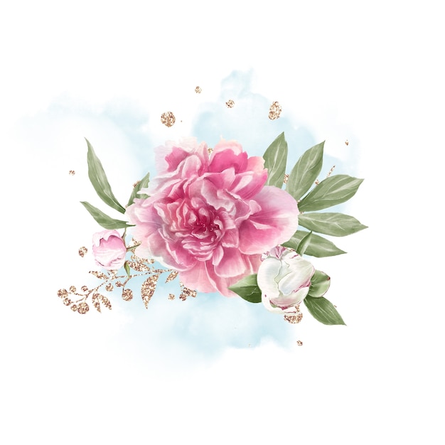 Set of delicate red and white peonies Watercolor illustration