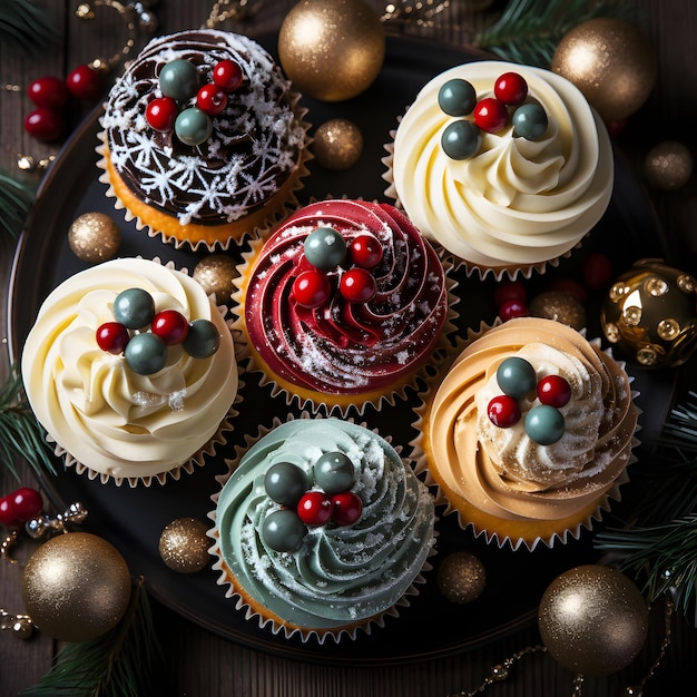 Set of Delicious cupcakes winter theme top view