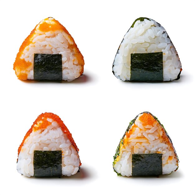 Photo set of delicious onigiri on white background design elements