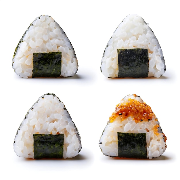 Photo set of delicious onigiri on white background design elements