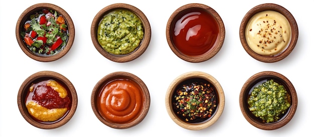 Set of delicious sauces in wooden bowls isolated on a white background Bowls with various types