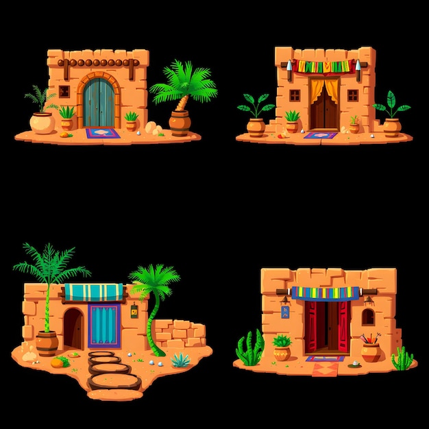 Set Desert Oasis Homes With Clay Walls and Terracotta Pots Palm Frond Fans and Colorful Tapestries