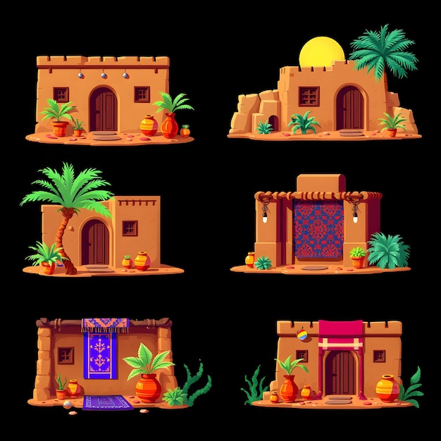 Set Desert Oasis Homes With Clay Walls and Terracotta Pots Palm Frond Fans and Colorful Tapestries