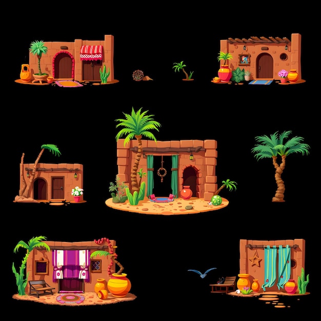 Set Desert Oasis Homes With Clay Walls and Terracotta Pots Palm Frond Fans and Colorful Tapestries