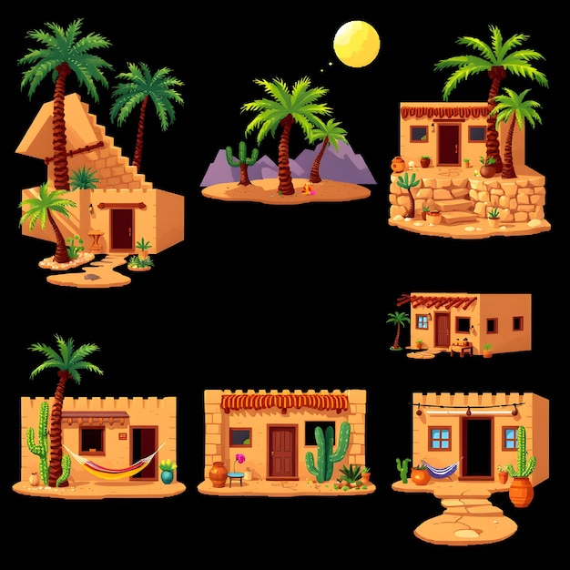 Set Desert Oasis Houses With Palm Trees Cactus Gardens Sand Colored Walls and Woven Textiles Hamm