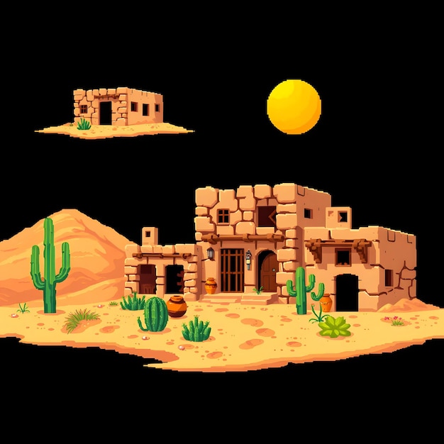 Set Desert Stone Houses With Sand Dunes Nearby Cactus Gardens Sun Bleached Wood Clay Pots and Wov