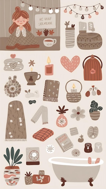 Photo set of design elements on self care theme girl with cozy items scandinavian hygge cartoon style