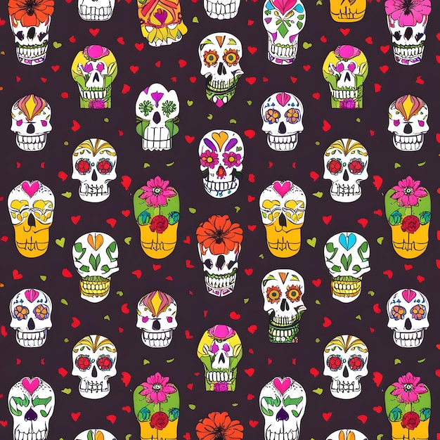 Photo a set of dia de muerto patterns with colorful flowers and skulls