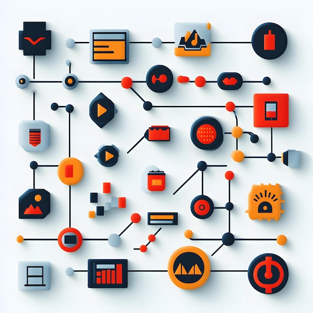 Photo a set of diagram icons with images of flowcharts process maps and system diagrams includes symbols of data flows organizational charts and interconnected steps for business educational and