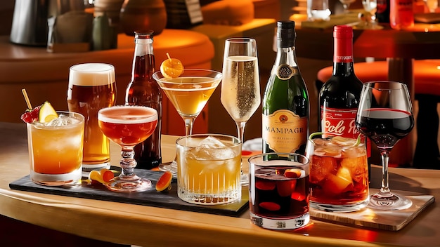 Set of different alcoholic drinks and cocktails beermartinisodachampagnewhiskeywinecolacocktail