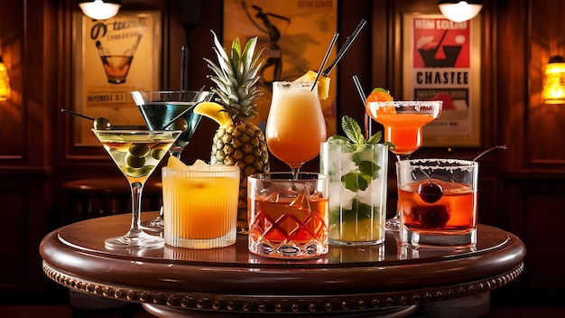 Set of different alcoholic drinks and cocktails