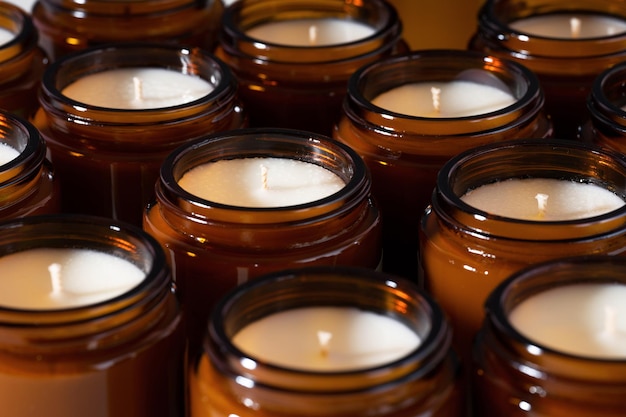 A set of different aroma Soy and coconut wax candles in brown glass jars Scented handmade candle Soy candles in a Amber jar Aromatherapy and relax in spa and home Close up Macro Horizontal