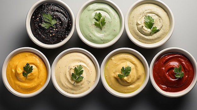 Set of different bowls of various dip sauces Generative Ai