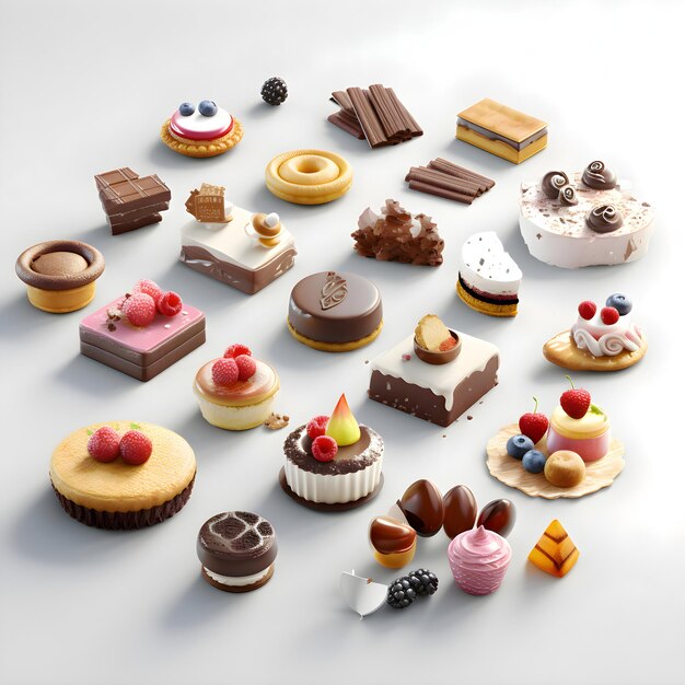 Set of different chocolate sweets on a white background 3d illustration