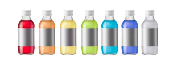 Photo set of different colored mineral salt bottles with empty labels