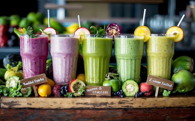 A set of different colored smoothies in glasses on wooden background healthy food at the bar