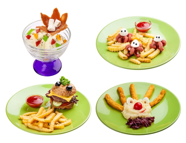 Set of different dishes of children's menu On white background Meals for children