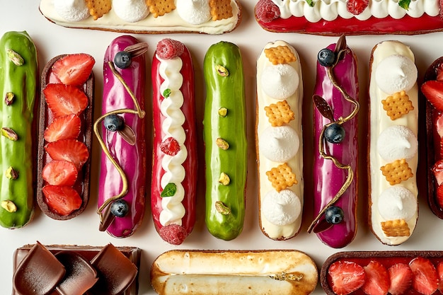 A set of different eclairs with filling Selective focus closeup