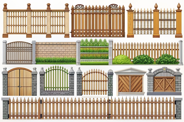 Photo a set of different fences including a fence and a gate with a fence and gate