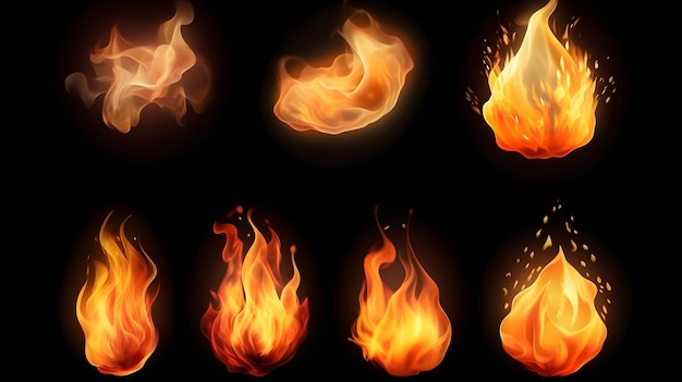 A set of different fire flames on a black background