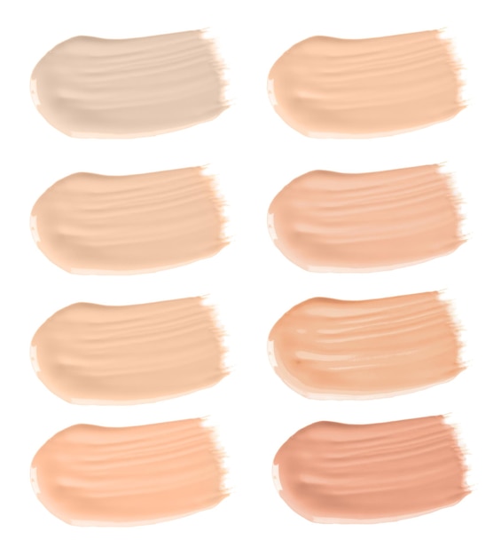 Set of different foundation shades on white background top view