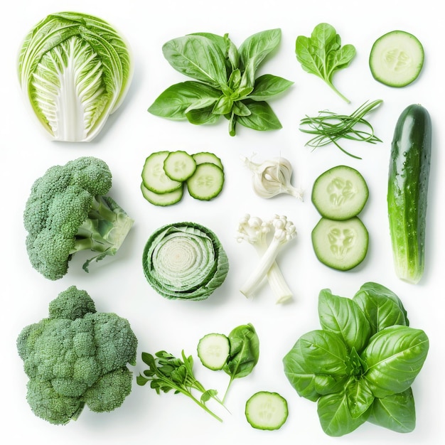 Set of different green vegetables on white background Healthy food flat lay Ai generative