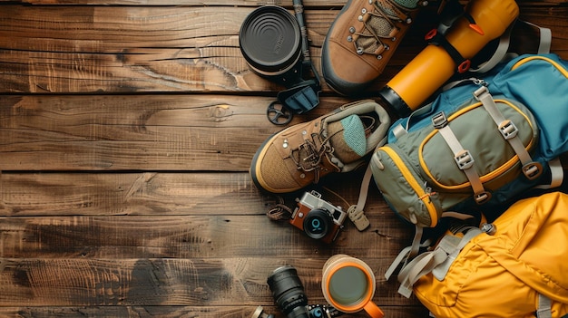 Photo set of different hiking equipment on wooden background top view