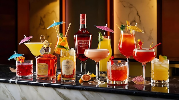 Set of different kind of alcoholic coctails and drinks