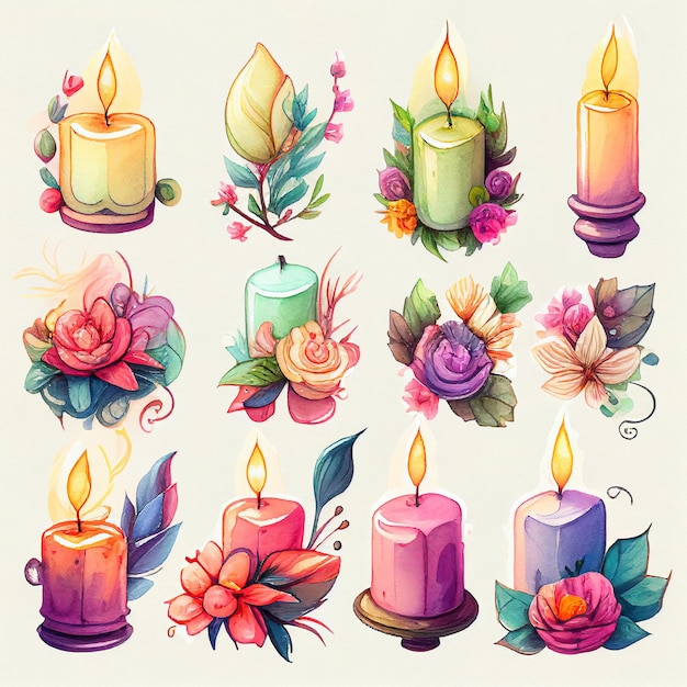 Set of Different Kinds of Candles Burning Flowers Watercolor Paint Generative AI