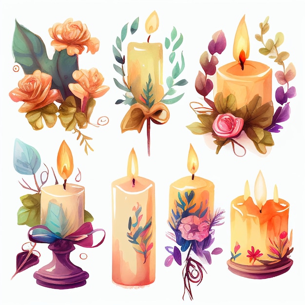 Set of Different Kinds of Candles Burning Flowers Watercolor Paint Generative AI