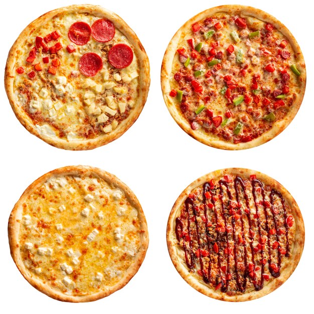 Set of different pizzas collage isolated on white