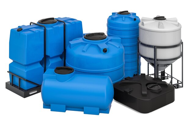 Photo set of different plastic tanks for water and other liquid 3d rendering