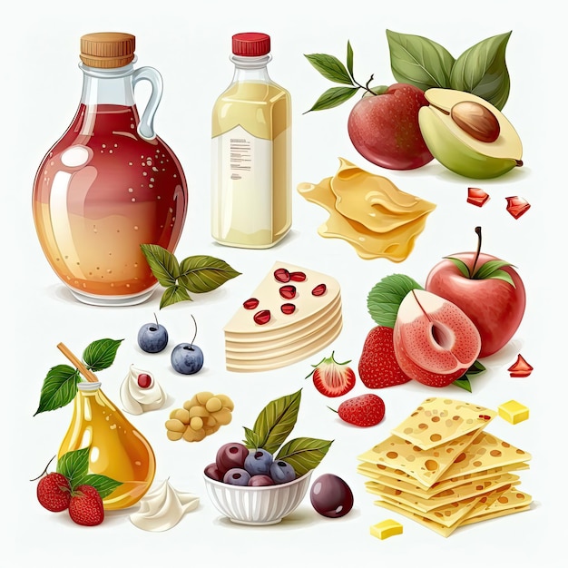 Set of different products isolated on a white background Meals and fruits Generative AI