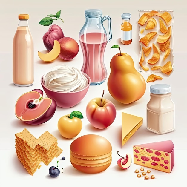 Set of different products isolated on a white background Meals and fruits Generative AI