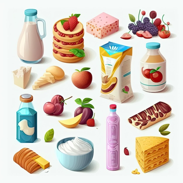 Set of different products isolated on a white background Meals and fruits Generative AI