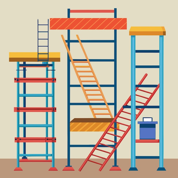 Photo set of different scaffolding and ladders