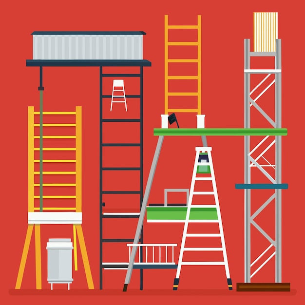 Photo set of different scaffolding and ladders